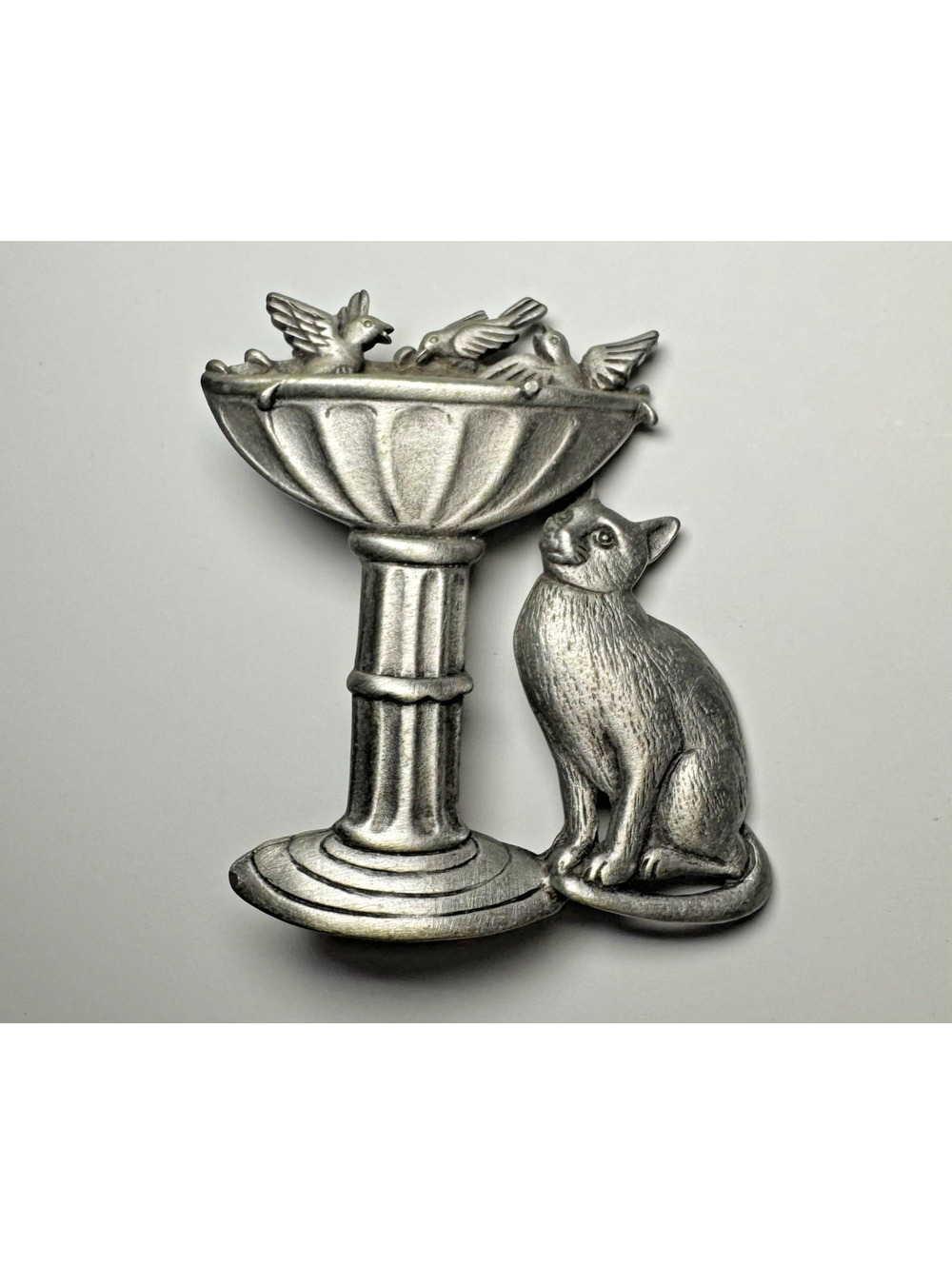 Vintage Jonette Cat Bird Bath Brooch Pewter Fountain Kitty Vintage Pin